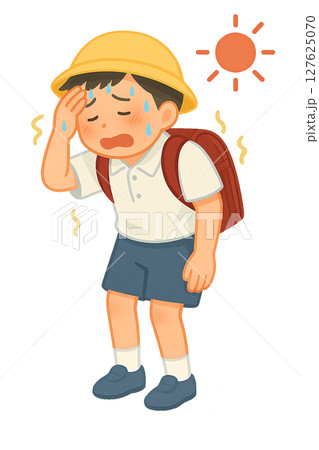登下校中に熱中症になりかけた小学生, 炎天下でぐったりする小学生男子, 暑さに耐えきれず体調を崩す通 127625070
