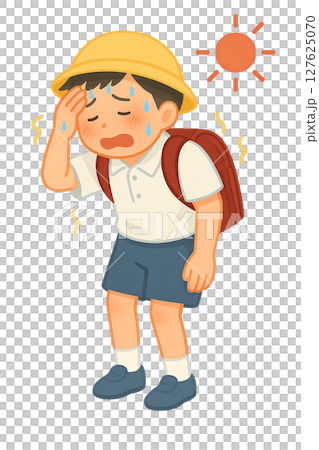 登下校中に熱中症になりかけた小学生, 炎天下でぐったりする小学生男子, 暑さに耐えきれず体調を崩す通 127625070