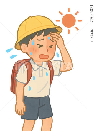 登校中に熱中症になった小学生, 真夏の通学路で体調を崩す男の子, 猛暑で具合が悪くなる小学生男子 127625071