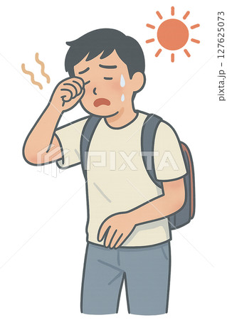 真夏の通学で体調不良の中学生, 炎天下で具合が悪くなる男子生徒, 暑さに耐えきれない登校中の男の子 127625073