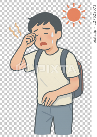 真夏の通学で体調不良の中学生, 炎天下で具合が悪くなる男子生徒, 暑さに耐えきれない登校中の男の子 127625073