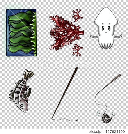 手書きタッチの海モチーフ素材集。釣り竿・海の生物をまとめています。POPや装飾に最適です。 手書きタッチの海モチーフ素材集。釣り竿・海の生物をまとめています。POPや装飾に最適です。 127625100