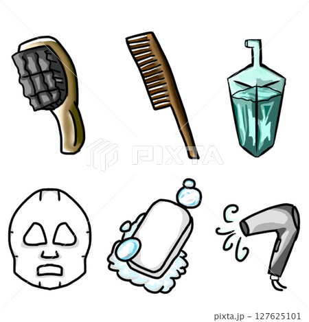 お風呂回りの生活用品・美容グッズの手書きタッチのイラスト素材セットです。 お風呂回りの生活用品・美容グッズの手書きタッチのイラスト素材セットです。 127625101