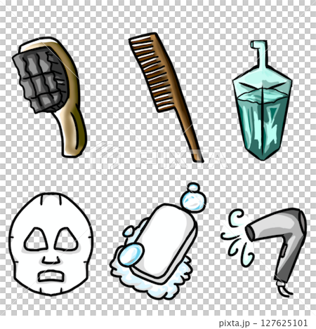 お風呂回りの生活用品・美容グッズの手書きタッチのイラスト素材セットです。 お風呂回りの生活用品・美容グッズの手書きタッチのイラスト素材セットです。 127625101