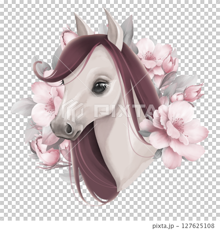Hand-drawn illustration of graceful horse head with flowing maroon mane, surrounded by soft pink flowers. Perfect for nursery decor, wall art or spring animal cards 127625108