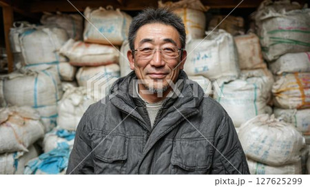 米の在庫を管理する倉庫で微笑む眼鏡の男性 127625299