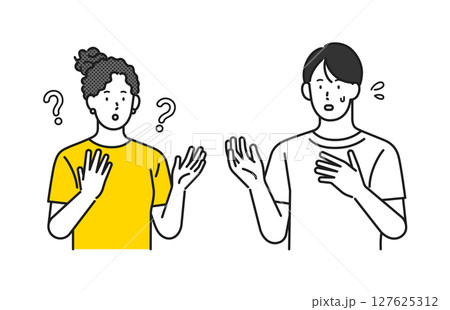 イラスト素材：言葉が通じず困る男女の会話 127625312