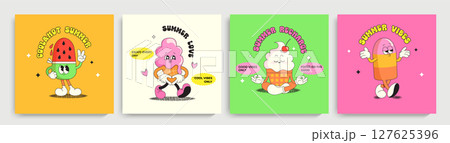 Set summer bright cards with ice cream characters,funny summer food-sundae, gelato with different emotions. Happy sweet kawaii smiling delicacy. Template for greeting,poster,leaflet, flyer, web.Vector 127625396