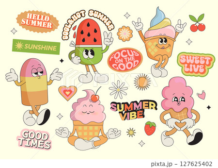 Set summer stickers of funny ice cream characters,sweet food with different emotions.Happy sweet kawaii smiling delicacy. Isolated elements for web,flyer,scrapbooking summer vibe, templates. Vector 127625402