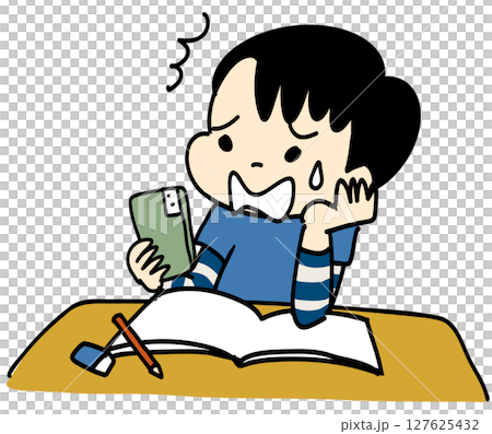 宿題中スマホをいじってドキっとしている男の子 宿題中スマホをいじってドキっとしている男の子 127625432