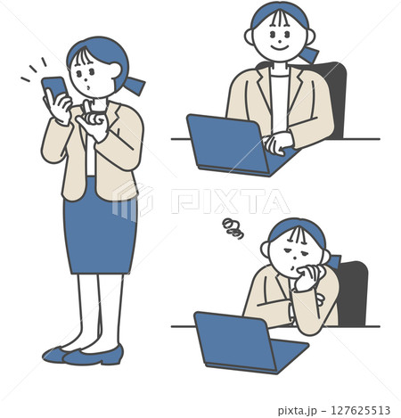 スーツ姿の働く女性の日常イラストセット スーツ姿の働く女性の日常イラストセット 127625513