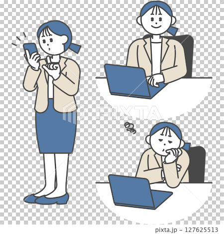 スーツ姿の働く女性の日常イラストセット スーツ姿の働く女性の日常イラストセット 127625513
