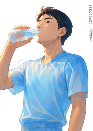 夏空の下で水分補給する男性, 熱中症対策・炎天下のリフレッシュ, 青空と水と青年のライフスタイル 127625517
