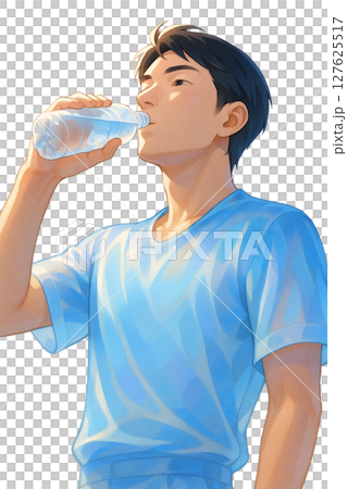 夏空の下で水分補給する男性, 熱中症対策・炎天下のリフレッシュ, 青空と水と青年のライフスタイル 127625517