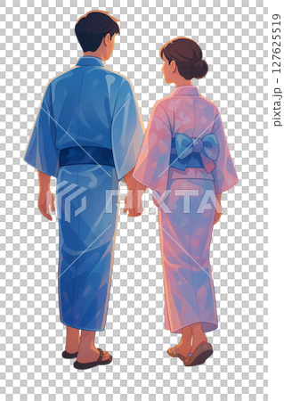 夏の夜を歩く浴衣の二人, 灯りに照らされる夏の思い出, 浴衣カップルの静かな帰り道 127625519