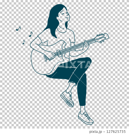 A woman playing the guitar comfortably 127625735