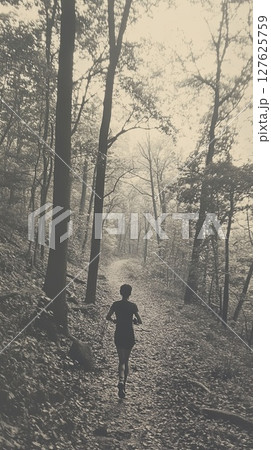 Person jogging in a forest trail. Person jogging in a forest trail. 127625759