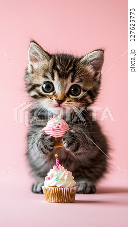 Kitten with a tiny birthday cake on soft-colored background. 127625773