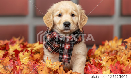 Golden retriever puppy wearing plaid scarf sits among vibrant autumn leaves 127625901