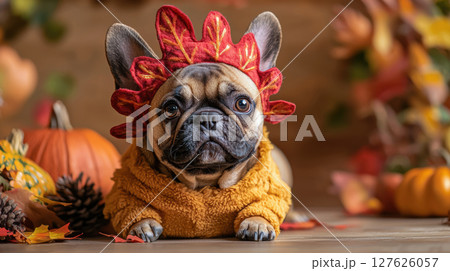 French bulldog in festive autumn costume with pumpkins and leaves 127626057