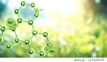 Horizontal sunny background with organic molecular structure with green hues and leaves. 3d glass atom model with leaf. Ecology, go green, Green Energy, environmental, conservation protection concept Horizontal sunny background with organic molecular structure with green hues and leaves. 3d glass atom model with leaf. Ecology, go green, Green Energy, environmental, conservation protection concept 127626070