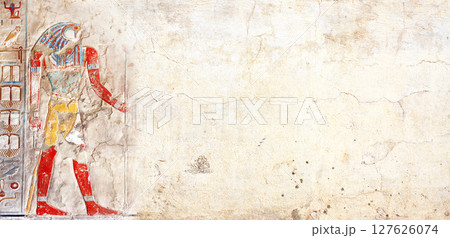 Horizontal background with ancient Egyptian-inspired colorful wall painting that evokes atmosphere of Egypt. Backdrop with figure of god Horus, creating a sense of grandeur and regality Horizontal background with ancient Egyptian-inspired colorful wall painting that evokes atmosphere of Egypt. Backdrop with figure of god Horus, creating a sense of grandeur and regality 127626074