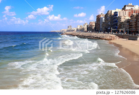 Picturesque view of Alexandria from Mediterranean Sea. Coastal cityscape of Alexandria, Egypt. Topic of travel, trip abroad on vacation, cruises and tours 127626086