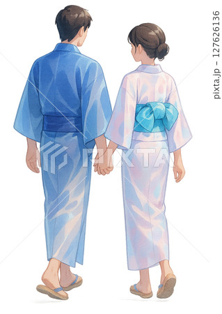 浴衣で歩く夏のふたり, 手をつないで歩く夏の記憶, 浴衣カップルの夜道デート 浴衣で歩く夏のふたり, 手をつないで歩く夏の記憶, 浴衣カップルの夜道デート 127626136