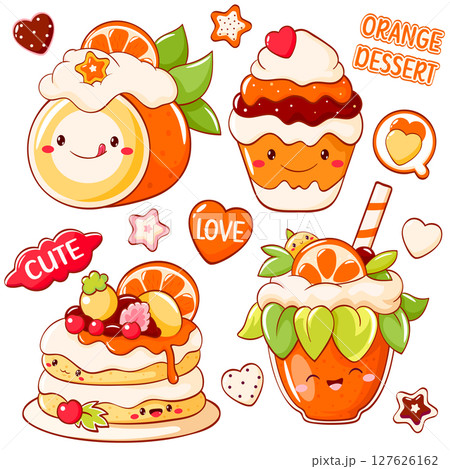 Orange dessert collection. Set of stickers with cute character in kawaii style. Cake, muffin, smoothie with whipped cream and citrus. Can be used for t-shirt print, sticker, greeting card. Vector EPS8 127626162