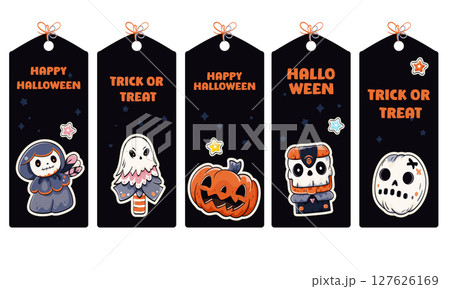 Set of eye-catching Halloween stickers in kawaii style. Cute Halloween collection of card, banner, background, flyer with monsters. Collection of holiday gift tag, label, poster template. Vector EPS8 127626169