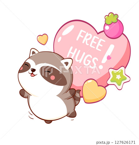 Free hug. Friendly little raccoon is in a hurry to hug you. Adorable kawaii pet is just waiting for a hug. Vector poster for nursery, greeting card, print, banner for home interior, kid t-shirt 127626171