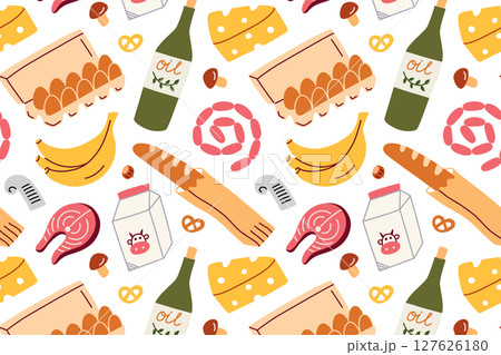 Flat cartoon vector illustration pattern with grocery food items from supermarket. Repeating seamless design of everyday products for packaging, kitchen decor, healthy eating themes 127626180