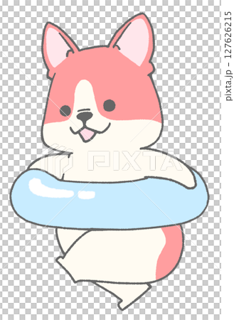 うきわを持って走っているフレンチブルドッグ(パイド・赤色) 127626215