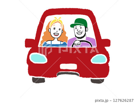 赤い車でドライブを楽しむカップルのオリジナルイラスト 127626287