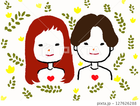 ハートを胸にした男女の笑顔と自然モチーフのオリジナルイラスト ハートを胸にした男女の笑顔と自然モチーフのオリジナルイラスト 127626288