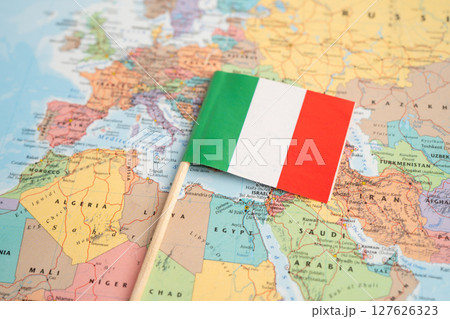 Bangkok, Thailand May 7, 2024, Italy flag on world map. Bangkok, Thailand May 7, 2024, Italy flag on world map. 127626323