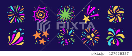 Crayon doodle firework symbol. Hand drawn firework pencil sketch. Chalk color magic sparkle. Crayon texture starburst. Vector illustration on white background 127626327