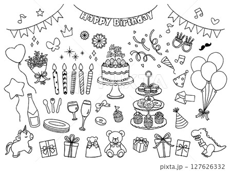 誕生日パーティーイラストセット　手描き白黒線画 127626332