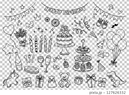誕生日パーティーイラストセット　手描き白黒線画 127626332