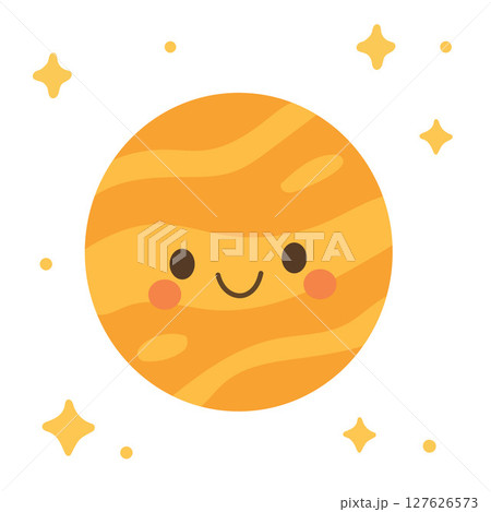 Bright orange Jupiter with striped texture and a happy face, great for science education tools, planetary graphics, or solar system decor for children 127626573