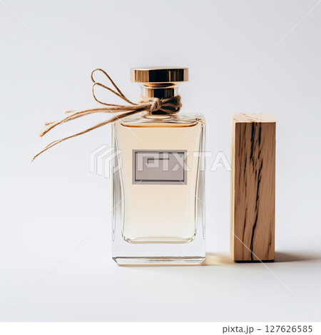 A stunning and elegant glass perfume bottle with a golden cap on a solid white background. A stunning and elegant glass perfume bottle with a golden cap on a solid white background. 127626585