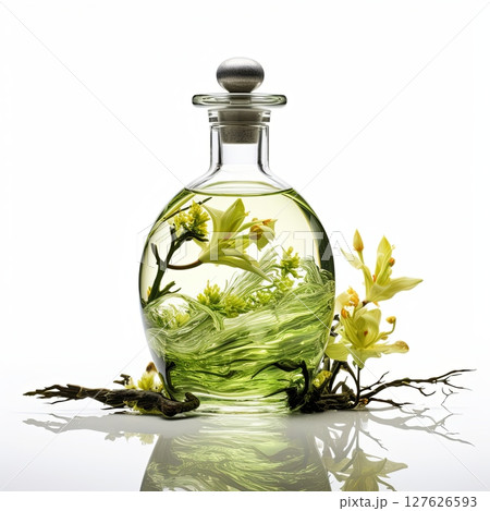 Elegant transparent bottle with dried orange and white flowers inside on white background 127626593