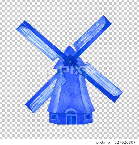 Old mill in blue-and-white Delftware style, classic ceramic art. Perfect for souvenirs, postcards, kitchen decor, or branding with a nostalgic, romantic 127626807