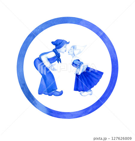 Boy and girl in traditional clothing sharing a kiss. Blue-and-white Delftware style, classic ceramic art. Perfect for souvenirs, postcards, kitchen decor, or branding with a nostalgic, romantic Boy and girl in traditional clothing sharing a kiss. Blue-and-white Delftware style, classic ceramic art. Perfect for souvenirs, postcards, kitchen decor, or branding with a nostalgic, romantic 127626809