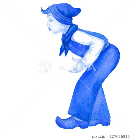 Boy in traditional clothing sharing a kiss. Blue-and-white Delftware style, classic ceramic art. Perfect for souvenirs, postcards, kitchen decor, or branding with a nostalgic, romantic 127626810
