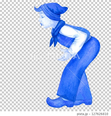 Boy in traditional clothing sharing a kiss. Blue-and-white Delftware style, classic ceramic art. Perfect for souvenirs, postcards, kitchen decor, or branding with a nostalgic, romantic 127626810