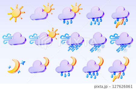 3d weather forecast widget icons. Render set of sun, moon and stars. Glass holographic clouds with wind, rain, thunderstorm, lightning, storm, rainfall and snow for meteorology app. 3D illustration 3d weather forecast widget icons. Render set of sun, moon and stars. Glass holographic clouds with wind, rain, thunderstorm, lightning, storm, rainfall and snow for meteorology app. 3D illustration 127626861