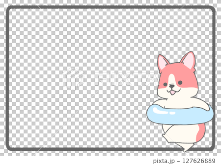 うきわを持って走るフレンチブルドッグのフレーム背景(パイド・赤色) うきわを持って走るフレンチブルドッグのフレーム背景(パイド・赤色) 127626889