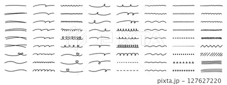 手書き風の線のベクターイラストセット。手描き、飾り、落書き、線画、ハート 127627220