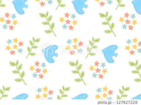 ほのぼのとした小鳥と花と葉っぱの背景イラスト 127627228
